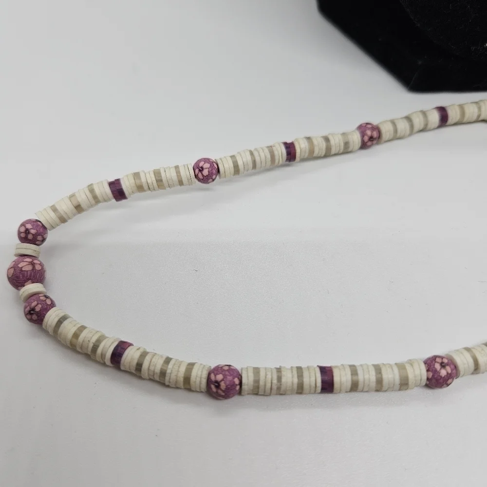 heshi bead necklace with pink purple flower polymer beads
